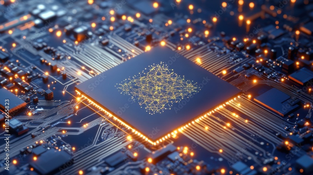 Poster visual representation of a quantum chip and its intricate circuit board design with luminous connect