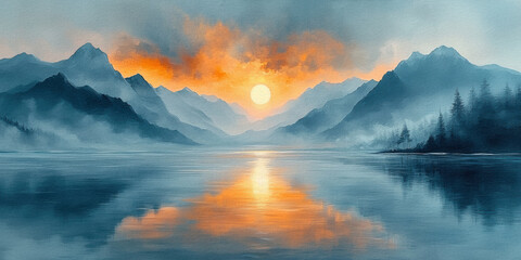 Painting of a beautiful mountain landscape in sunset. Mountains and sky reflected in the water surface. Paper texture visible.