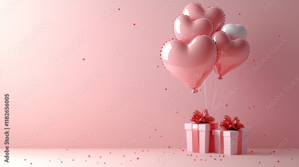 Wall mural Heart-shaped balloons and gift boxes on pink background with small red hearts