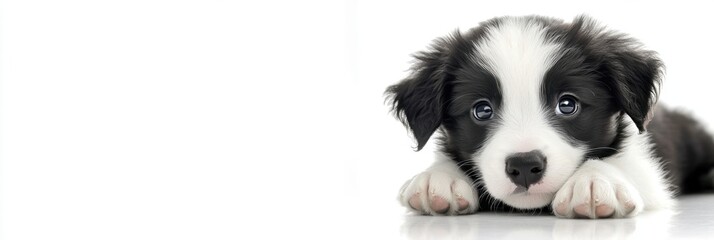 Fototapeta premium Cute border collie puppy playing on a white background banner with copy space Generative AI