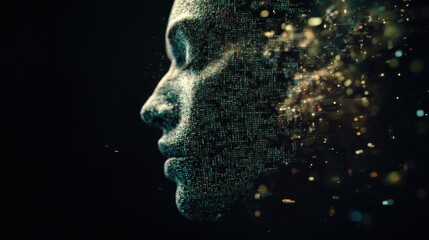 Digital representation of a human face formed by dancing particles in a dark space
