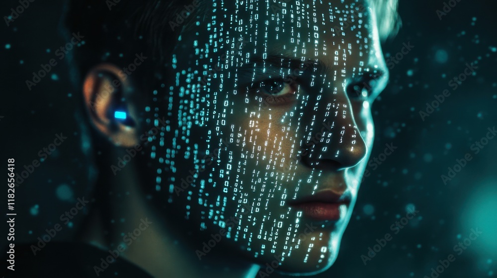 Poster portrait of a young man with a digital overlay of binary code in a dark environment during night tim