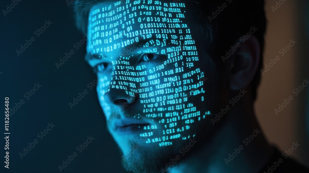 Poster young man with binary code projected on his face, representing advanced technology and digital theme