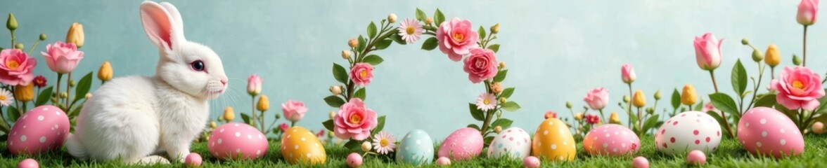 White bunny surrounded by vibrant floral wreaths and Easter eggs, decoration, eggs, grass
