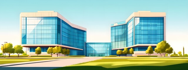 A hospital building with blue windows, in a cartoon style.