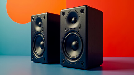 Fototapeta premium Two black speakers are on a table with a red background