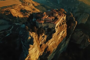 Majestic monasteries perched on soaring cliffs during golden hour in a breathtaking landscape