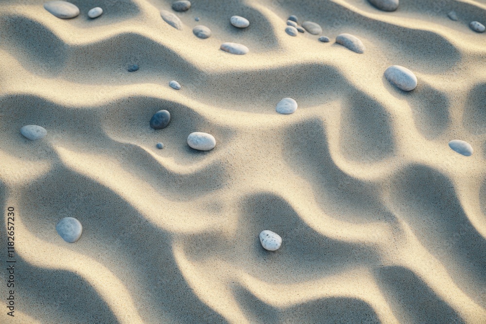 Poster textured sand with smooth stones creating natural patterns on a beach during golden hour