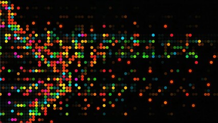 An abstract digital composition featuring vibrant, blurred points of color scattered across a deep black background. The glitch effect adds an energetic and futuristic touch, blending hues