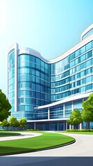 A hospital building with blue windows, in a cartoon style.