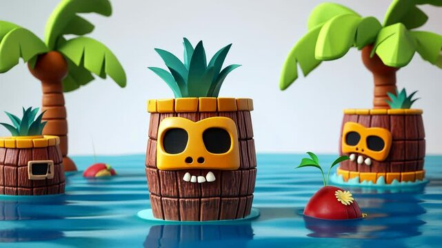 Playful Tiki Skull Character Illustration Surrounded by Green Plants and Palm Trees on a Beach Vacation 3D Artwork
