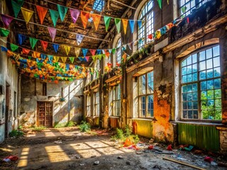 Fototapeta premium Abandoned Building Festive Garland Flags Urban Exploration Photography