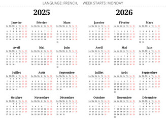 2025, 2026 year french calendars. Vector illustration set for France
