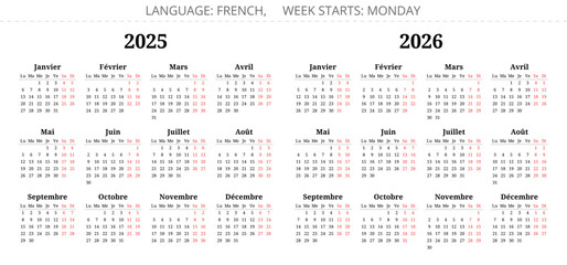 2025, 2026 year french calendars. Vector illustration set for France
