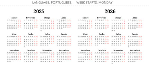 2025, 2026 years portuguese calendars. Vector illustration collection for Portugal