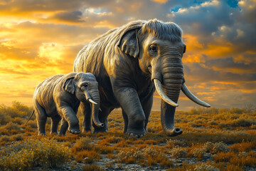 Fototapeta premium A mother and baby elephant walking in the desert at sunset