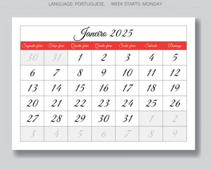 January PORTUGUESE monthly calendar for 2025 year. Vector paper page illustration for Portugal