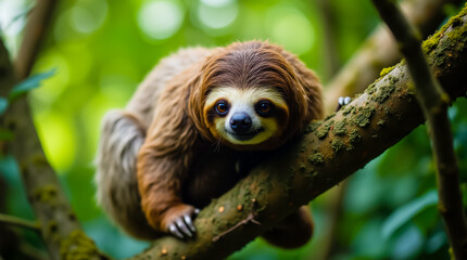 Naklejka premium A brown and white sloth is sitting on a tree branch