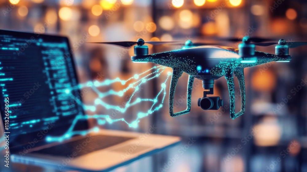 Poster drone hovering above a laptop with data transfer, showcasing advanced technology in a modern workspa