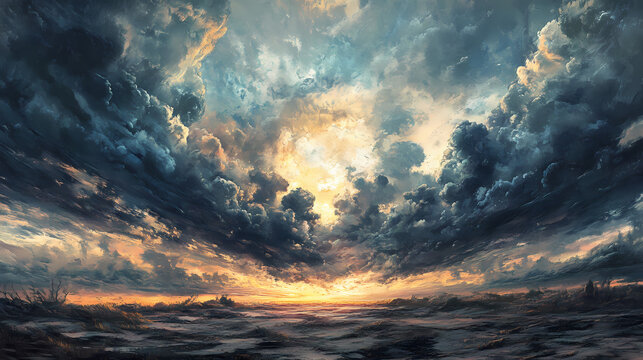 Dramatic skies with vibrant atmosphere dim light and rolling cumulus clouds. Cloudspire. Illustration