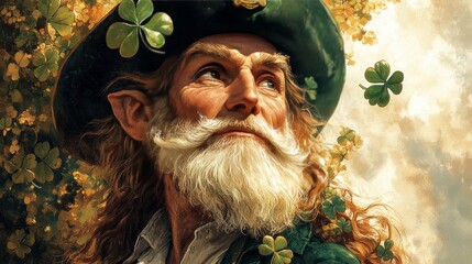 Caucasian male elderly leprechaun with beard amidst shamrocks and green hat