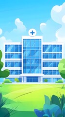 A hospital building with blue windows, in a cartoon style.