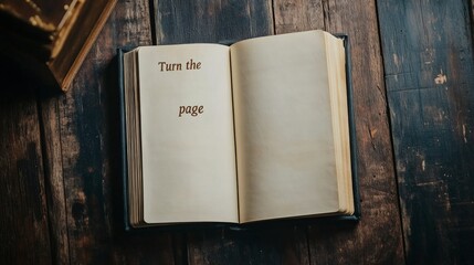 An open book lies on a rustic wooden table, with the phrase 'Turn the page' printed inside, evoking the sense of curiosity and new beginnings.