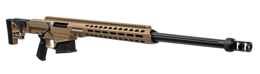 A precision bolt-action rifle with a tan chassis, black barrel, and adjustable stock, designed for...