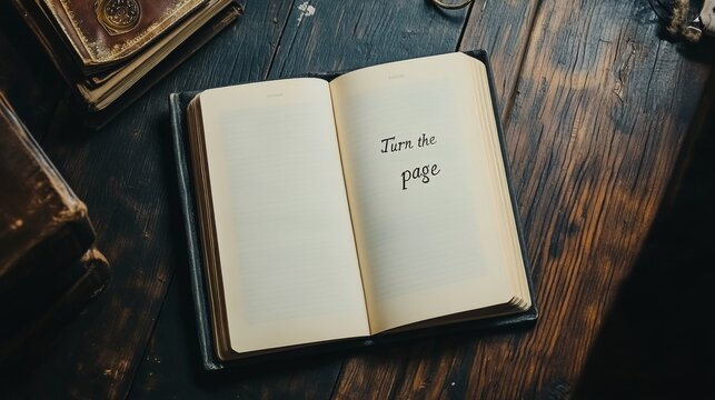 A neatly presented open book on a wooden table, bearing the text 'Turn the page,' symbolizing the anticipation of a new chapter or adventure.