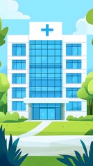 A hospital building with blue windows, in a cartoon style.