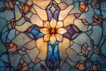 Stained glass window with floral cross design