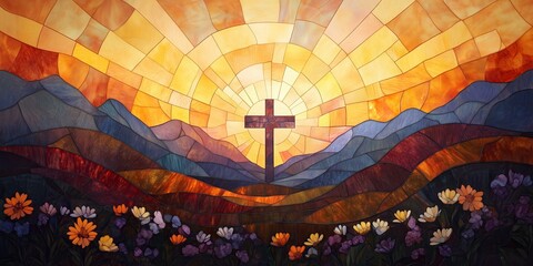 Stained glass christian cross over mountains at sunrise