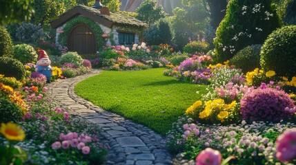 Obraz premium A picturesque garden featuring a winding stone path bordered by vibrant, colorful blooms and a quaint garden gnome, basking in the glow of gentle sunlight.