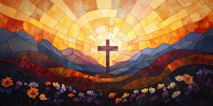 Stained glass christian cross over mountains at sunrise