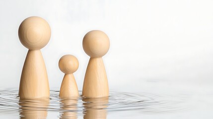 Artistic Wooden Family in Calm Shallow Water