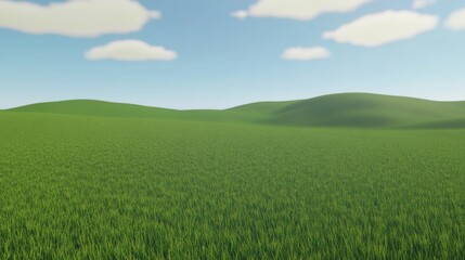 Fototapeta premium This image captures a vast open grass field under a clear blue sky with scattered clouds, depicting serenity, openness, and the beauty of untouched nature.