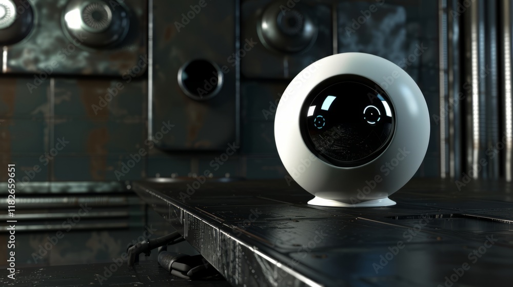 Poster futuristic robot in industrial setting with metallic surfaces and advanced technology