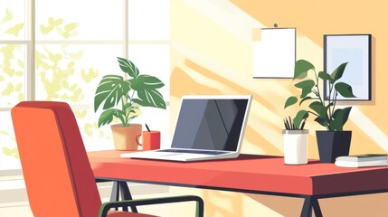 Fototapeta premium A bright illustration of a modern home office setup featuring a red desk and green plants, providing a sense of productivity, creativity, and comfort with style.