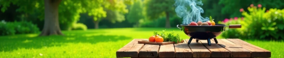 Classic wooden picnic table with vintage-style barbecue in a lush green backyard, nature, outdoor, trees