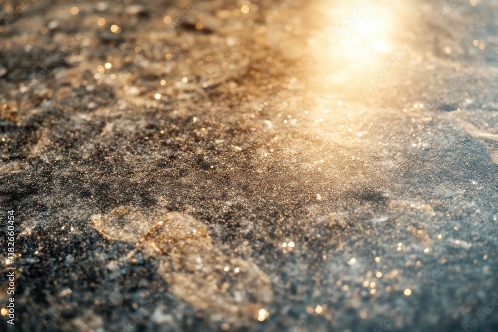 Poster sparkling texture of a dark surface reflecting light in a close-up view during golden hour
