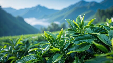 Fototapeta premium Lush Green Tea Leaves with Mountainous Background