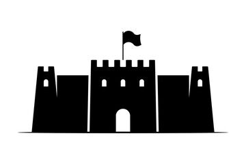 Obraz premium Castle with watchtowers and flag icon. Black silhouette. Front view. Vector simple flat graphic illustration. Isolated object on white background. Isolate.