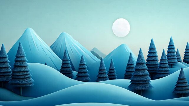 Winter Landscape Vector Illustration of a Christmas Tree in a Mountain Forest with Blue Sky and Snowy Sea Waves