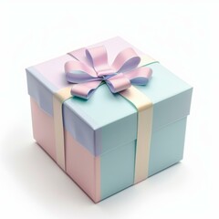 Square gift box wrapped in pastel blue and pink paper and tied with a matching ribbon