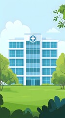A hospital building with blue windows, in a cartoon style.