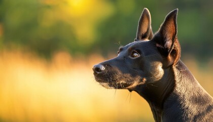 side portrait of a black young smooth haired dog with raised ears against a blurred background on a sunny day vertical mobile photo with copy space advertising with dogs