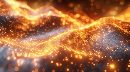 Naklejka premium An abstract digital artwork featuring dynamic, glowing waves dotted with shimmering golden lights, evoking a sense of energy and movement under a warm tone.