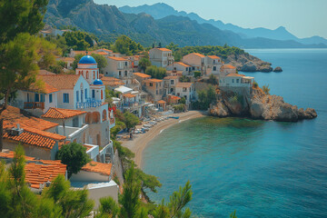 Photo réaliste d’un village grec traditionnel avec maisons blanches et toits bleus surplombant la mer Égée