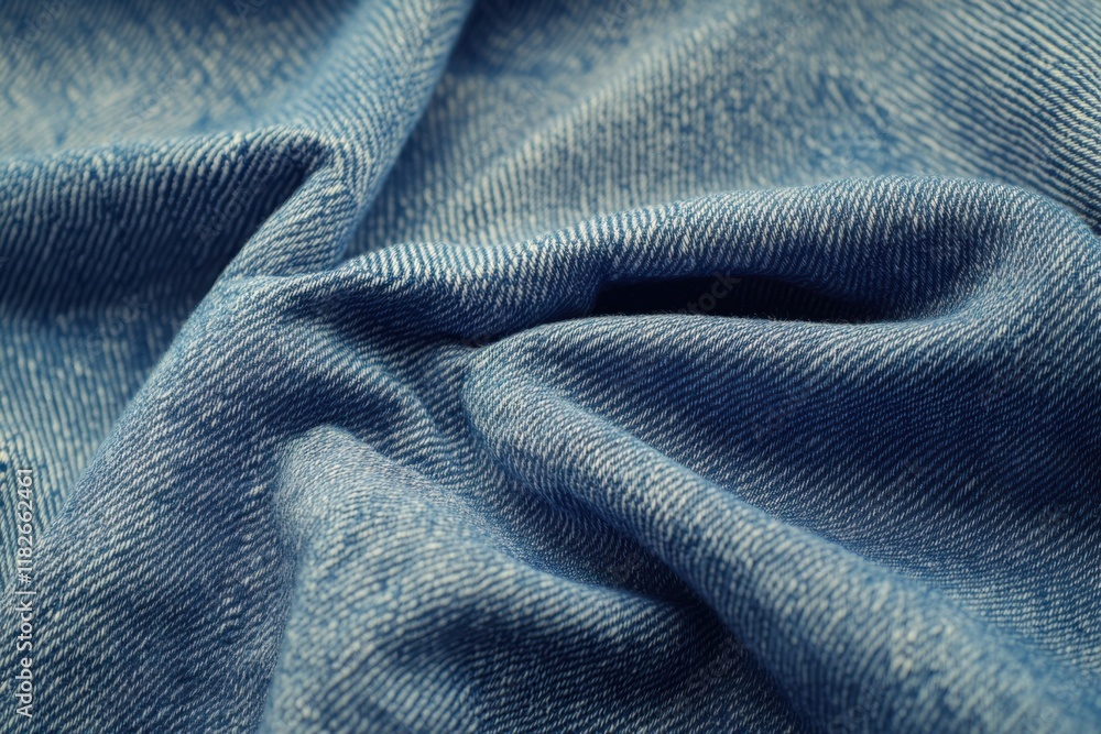 Poster blue denim fabric with intricate texture and soft draping captured in close-up view