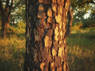 Tall Trunk of a Tree with Sunlit Bark